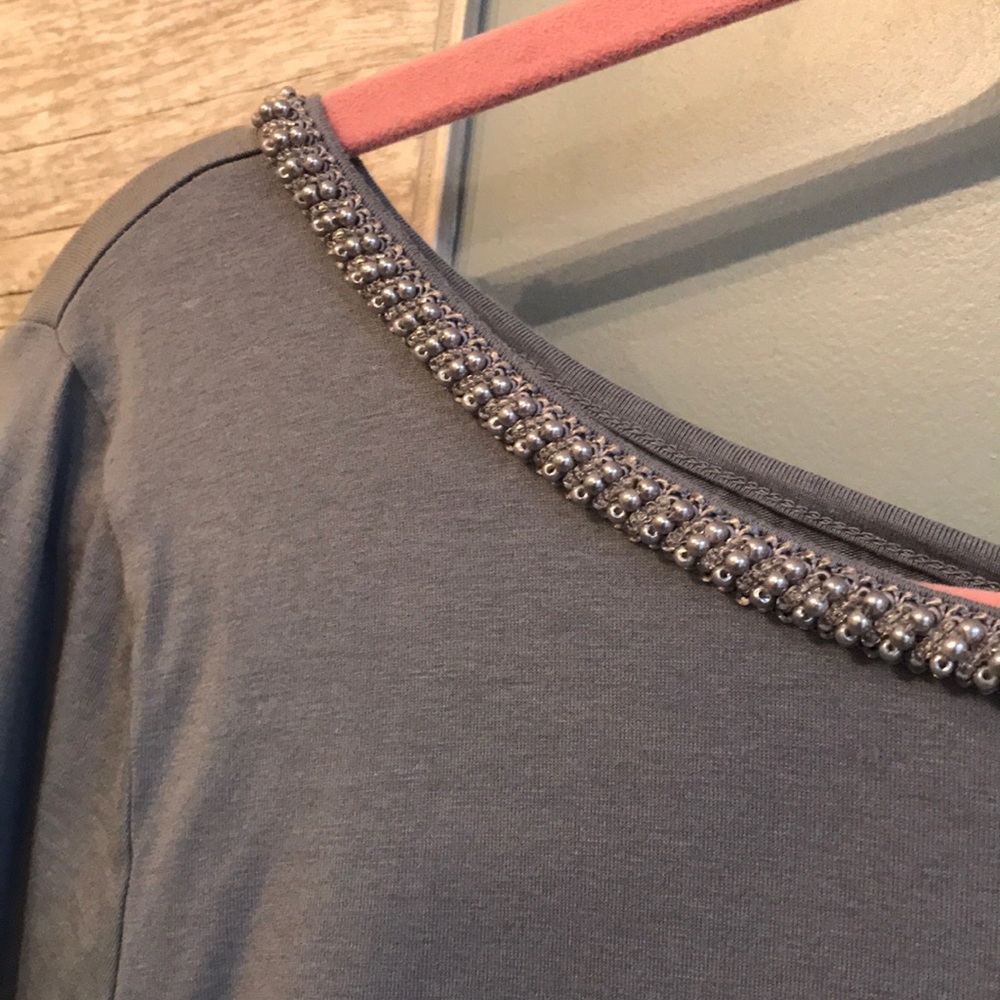 Ann Taylor Slate Blue Top with beaded neckline